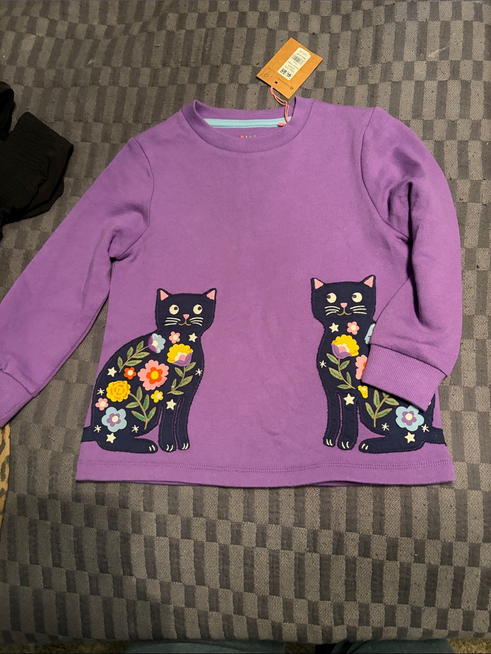 Mini Boden 3-4 Purple Girls' Sweatshirt with Floral Cat Appliques